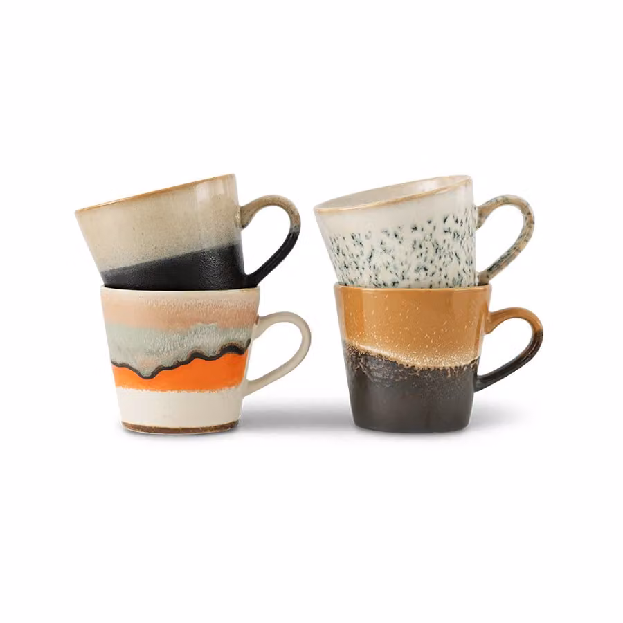 HKLIVING Verve 70s Ceramic Cappuccino Mugs, Multicolour, Set of 4