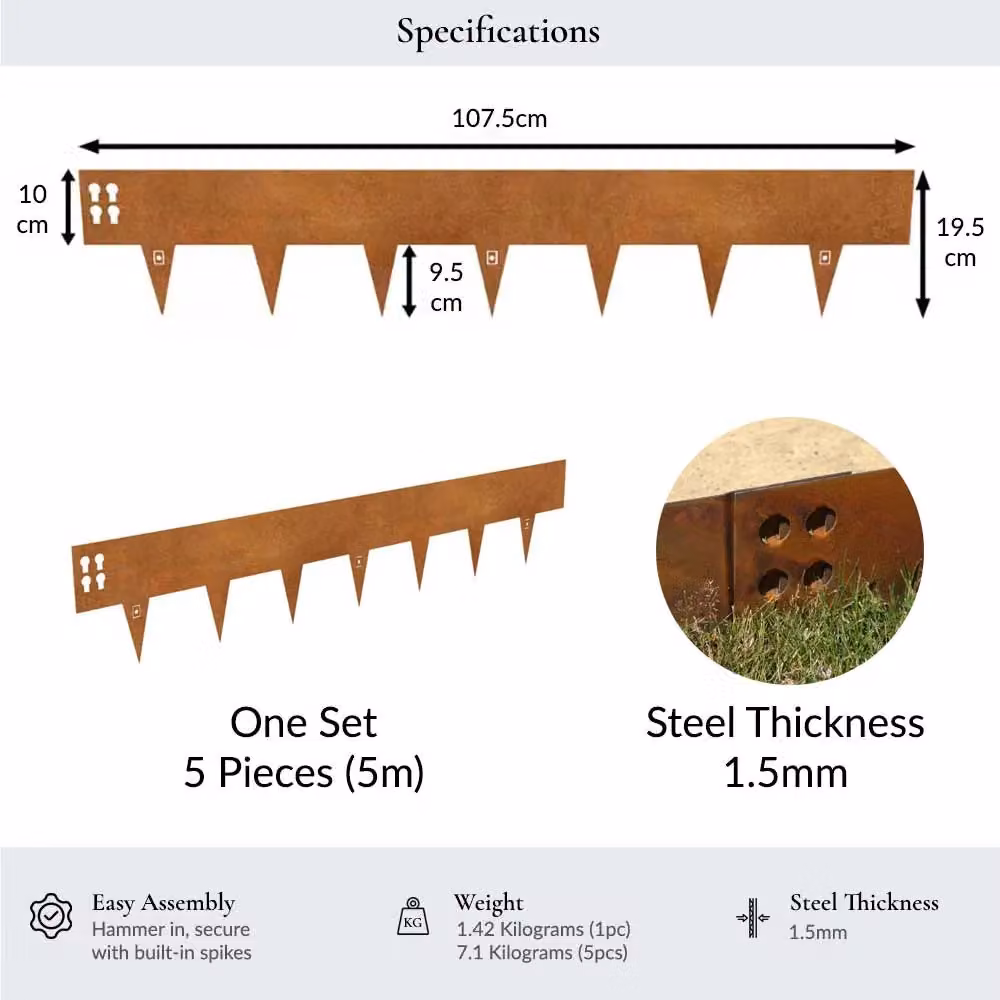 Woven Wood Corten Steel Lawn Edging in Light Brown, H: 10 cm, W: 100 cm (Set of 5) – 6
