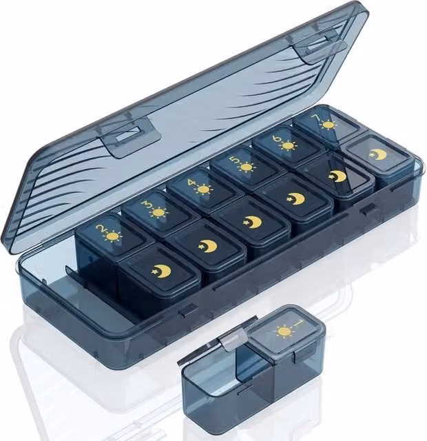 VOGREX Portable 7 Day Lightproof Pill Organizer, 2 Times a Day Travel Pill Box, Blue, Medium