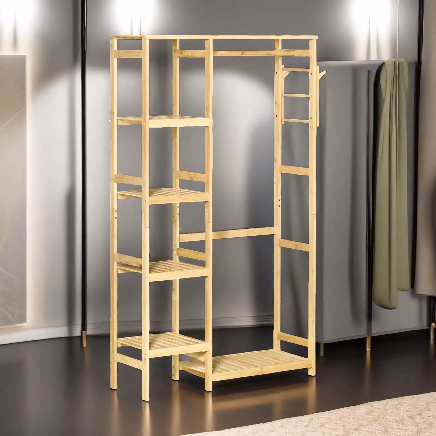 Pirlo Plush Bamboo Open Wardrobe with Shelves in Natural Beige, H 155 x W 90 x D 30 cm – 2