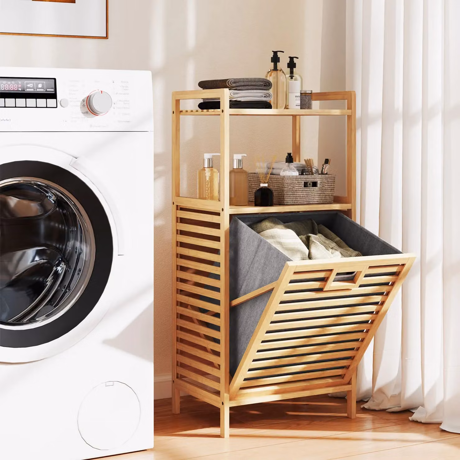 Costway Bamboo Tilt Out Laundry Hamper Cabinet with Storage Shelves in Natural Brown – 6
