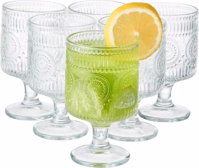 Eden & Willow Set of 6 Embossed Stemmed Glass Wine Goblets, 250ml, Clear