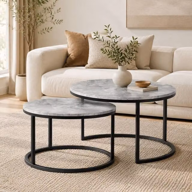 STILVORA Set of 2 Round Nesting Coffee Tables with Grey Marble Effect Composite Tops and Black Metal Sled Bases – 1