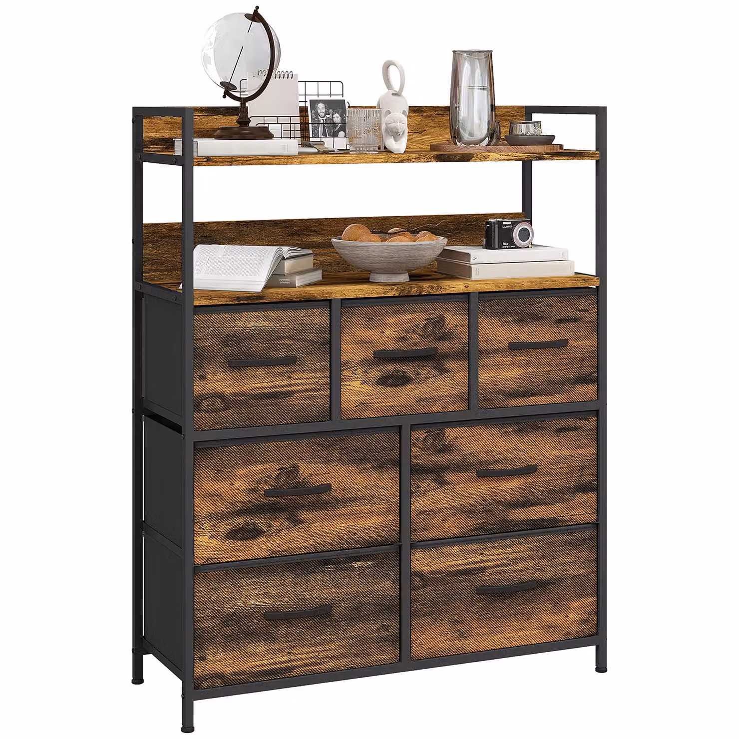 HOMCOM Bedroom Chest of Drawers with Foldable Drawers, Open Shelves and Steel Frame, Brown – 2