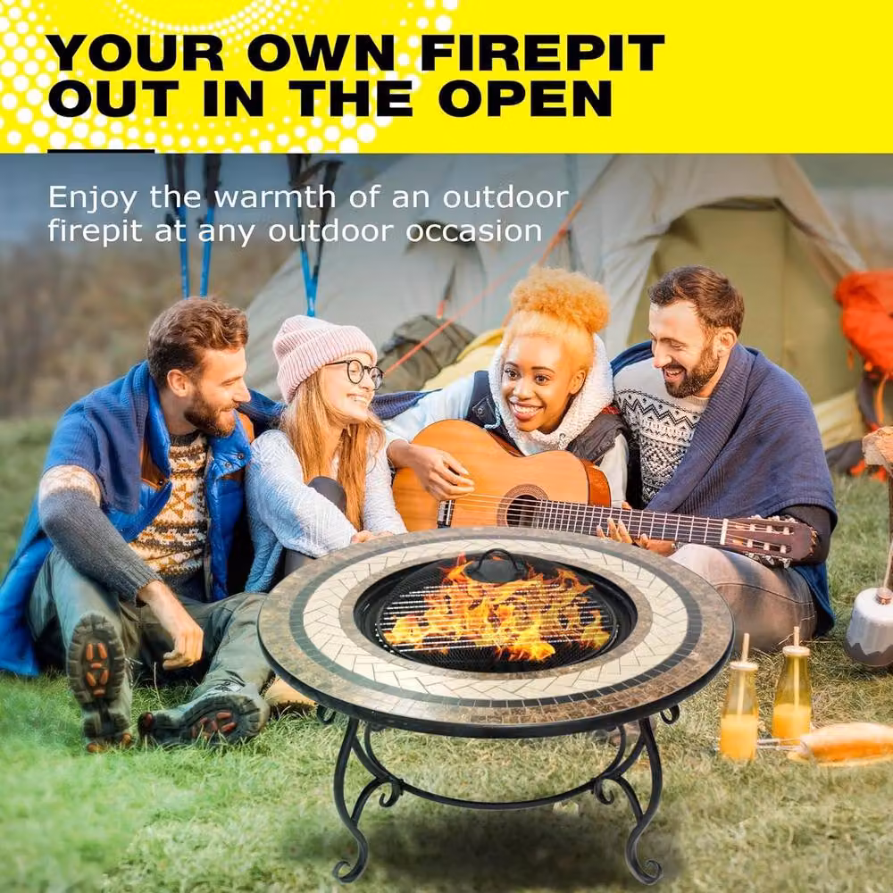 Centurion Supports TOPANGA Multi-Functional Garden Fire Pit, Coffee Table, Barbecue and Ice Bucket with Ceramic Tiles in Brown, Black and Multicolour, W/D/H: 80 x 80 x 42 cm – 7