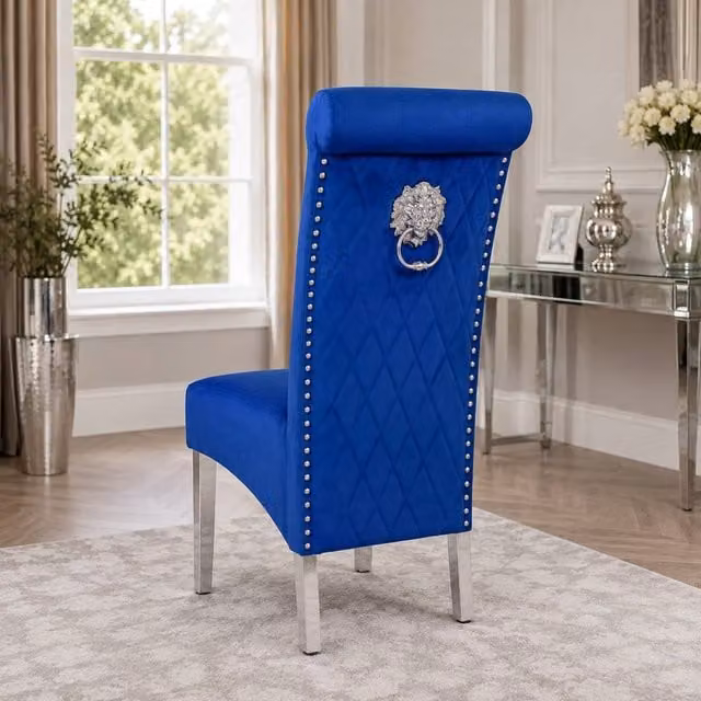 Stratus Interiors Emma Tall Velvet Lion Knocker Dining Chair in Blue – 1