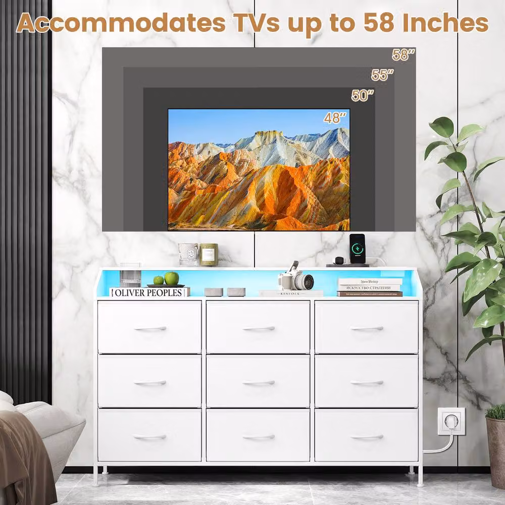Gymax 9-Drawer Dresser and TV Stand with LED Lights and Charging Station in White – 2