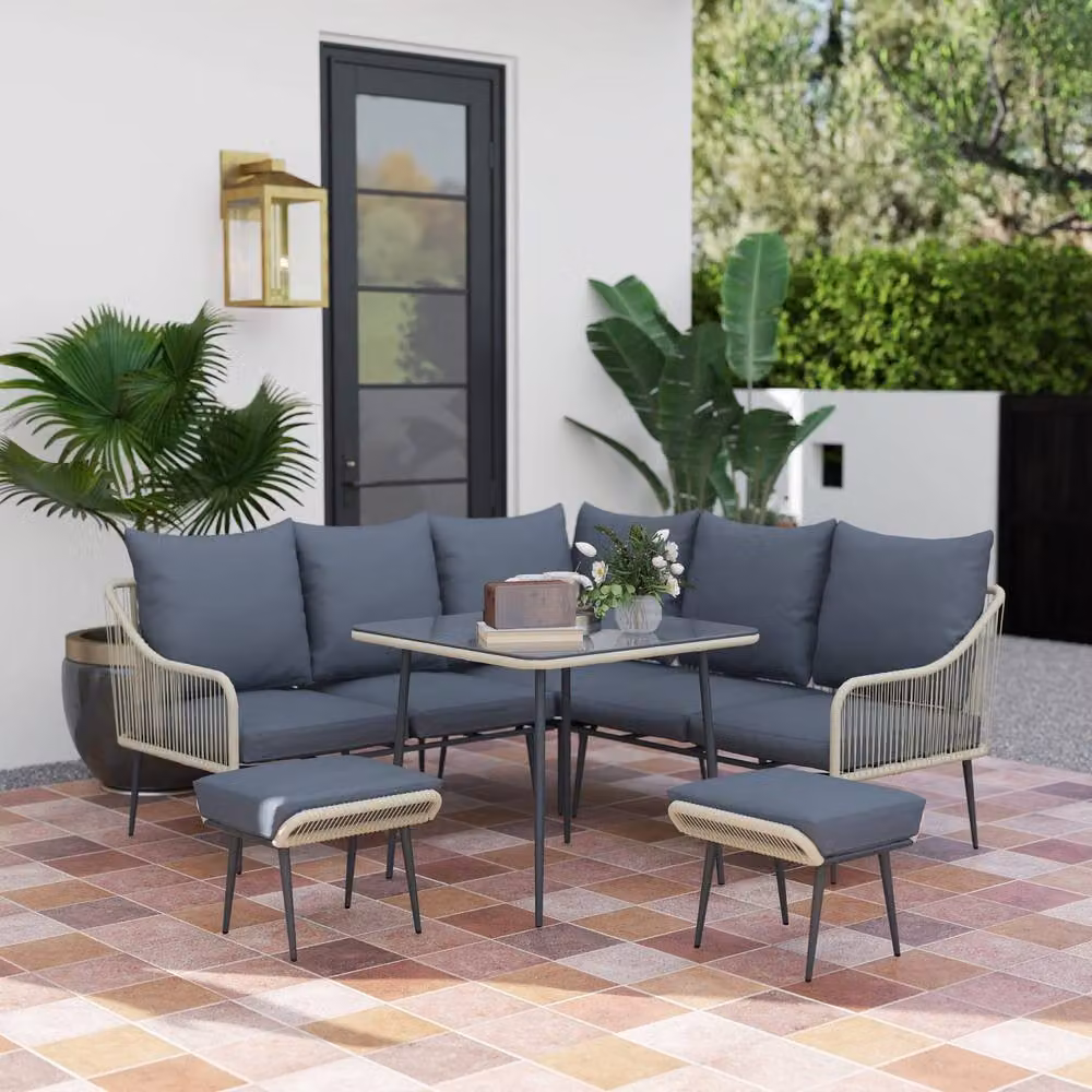 Wyld Haus Vika 7 Seater Dark Grey Rattan Garden Sofa Set with Coffee Table and Stools – 3