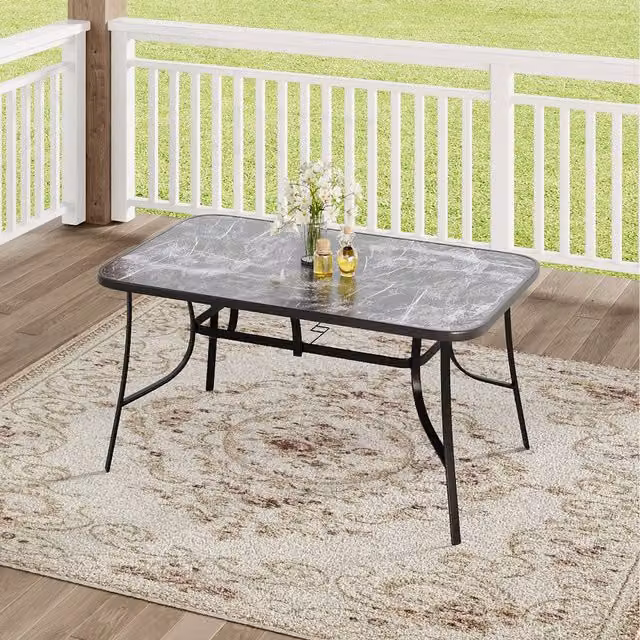 Komore Minimalist Outdoor Tempered Glass Table with Black and Grey Abstract Marble Effect Surface