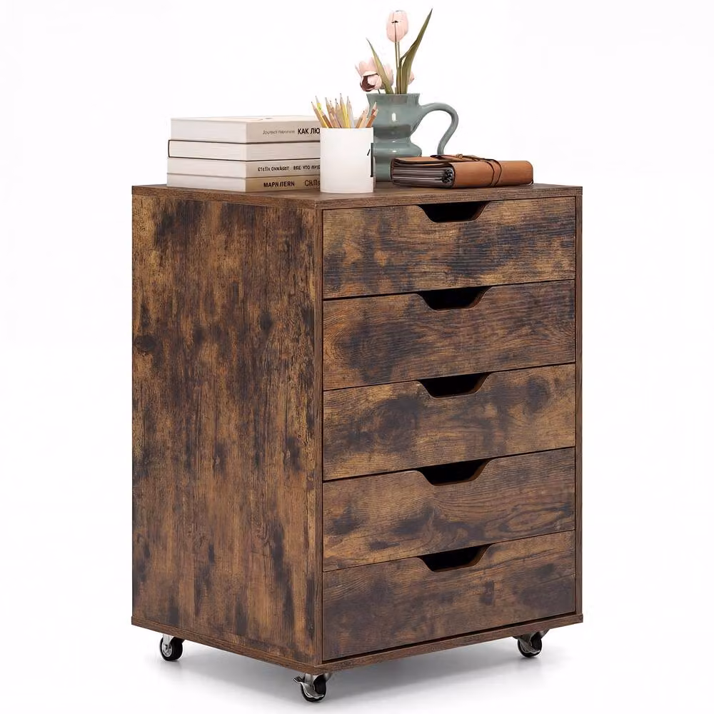 Costway 5 Drawer Rolling Dresser Storage Cabinet with Lockable Wheels in Brown – 6