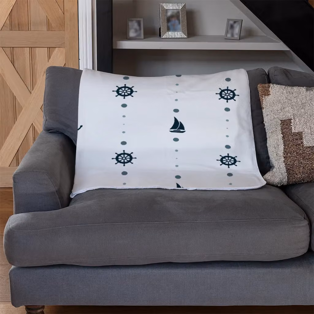 Benjamin Tate Design Maritime Anchor Wheel Sailboat Fleece Blanket in White and Beige, W/D/H: 120 x 150 cm – 3