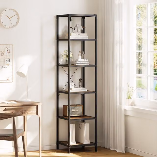 Livingandhome Industrial Style 6-Tier Metal and MDF Book Shelf in Brown