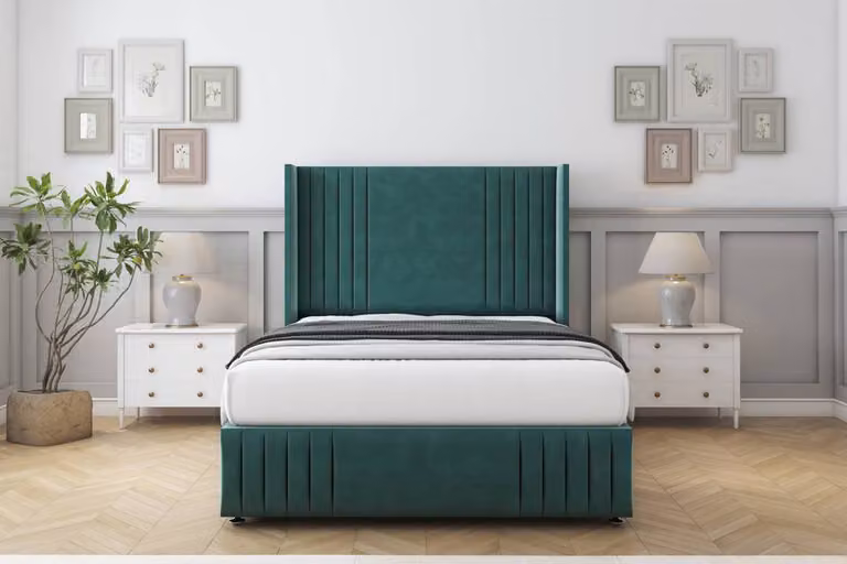 Sloomy Camden Plush Divan Set in Emerald Green with Wingback Headboard and Footboard, Double Size, W/D/H: 140 x 200 cm