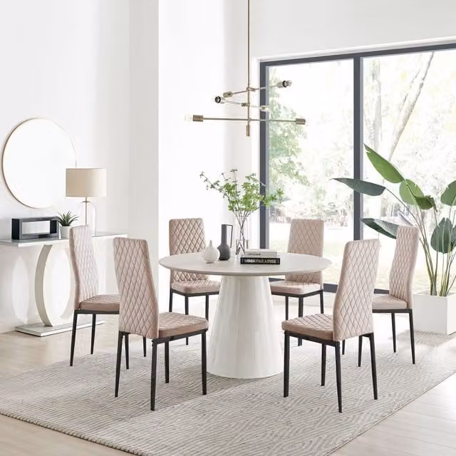 FurnitureboxUK Palma Beige Stone Effect Round Dining Table and 6 Milan Black Leg Chairs Set