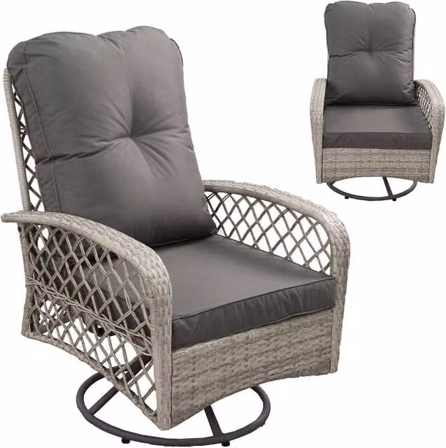 FURNITURE ONE Grey Rattan Patio Swivel Chair with Soft Cushion