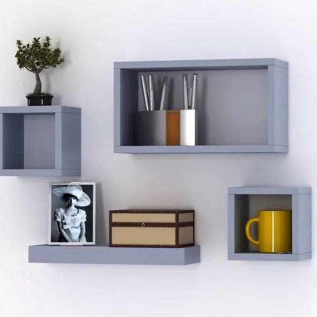 Kelvenix Set of 4 Grey Wooden Floating Cube Wall Shelves