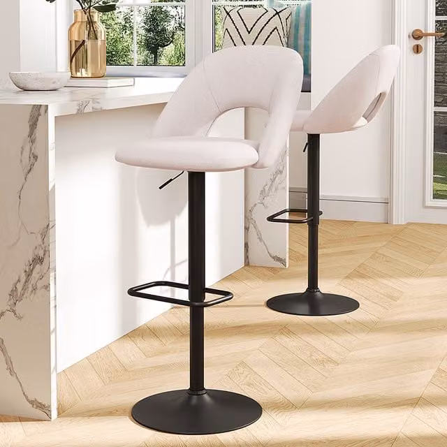 Livingandhome Set of 2 Modern Linen and Metal Swivel Breakfast Bar Stools in Beige and Black