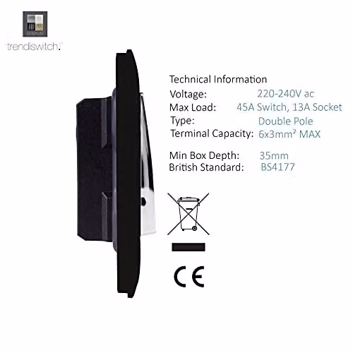 Trendi 45 A Cooker Switch with Plug Socket and Neon Insert, Black – 5