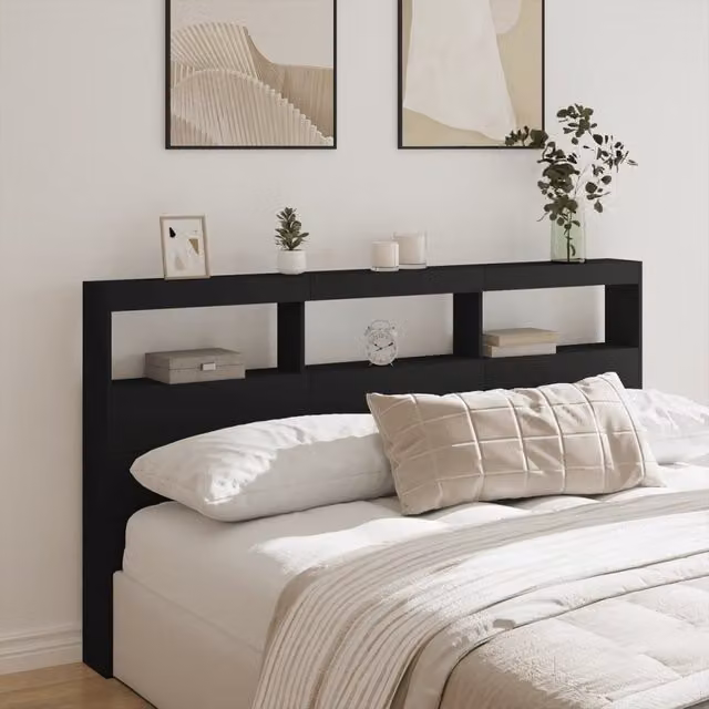 Berkfield Home Modern Wall Mount Headboard Cabinet with LED Lighting and USB Charging Port in Matt Black, W: 180 cm, D: 17 cm, H: 102 cm