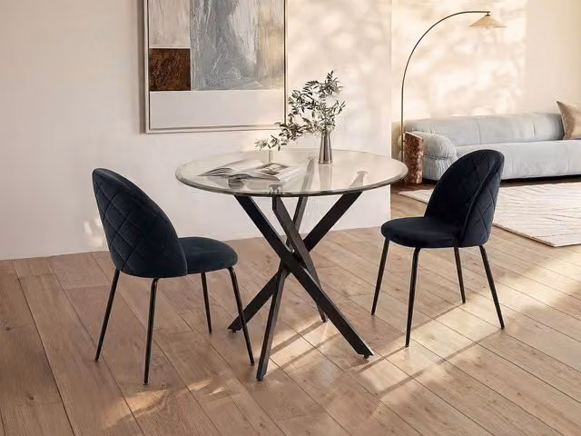 Vente-unique Modern Round Dining Table with Transparent Glass Top and Black Metal Base, Diameter: 90 cm, Height: 77 cm
