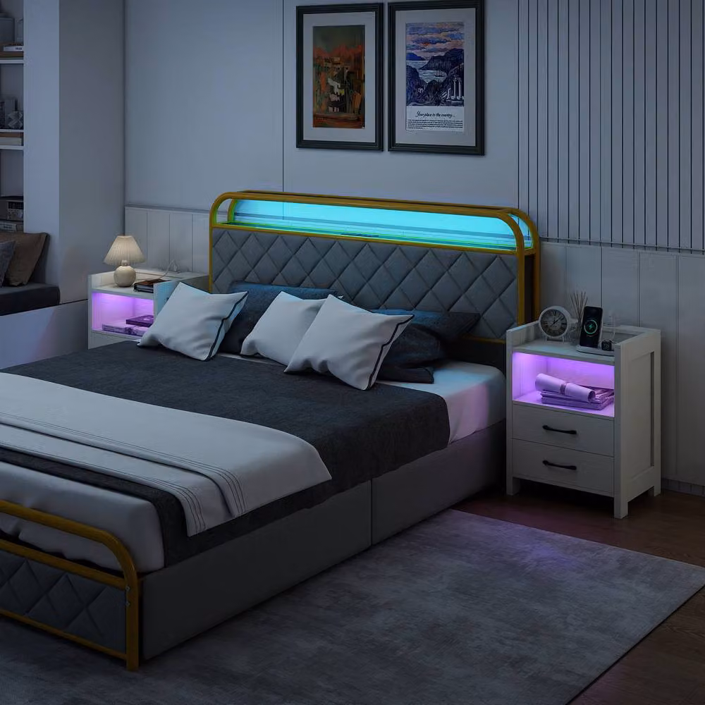 Gymax Modern White Nightstand with Integrated LED Lighting and Power Outlets – 4