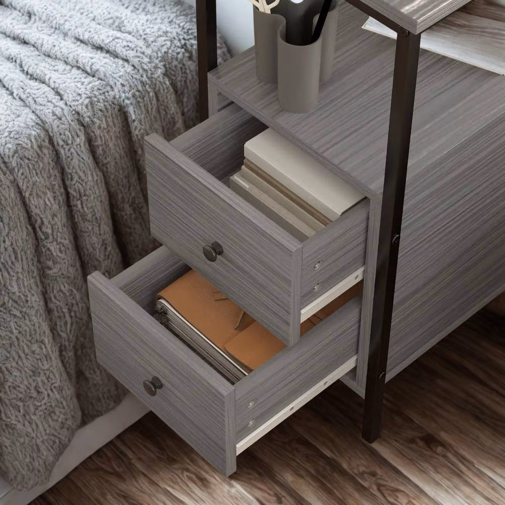 Pirlo Plush Industrial Bedside Table with 2 Drawers and Shelf, Grey and Black, W: 60 cm, D: 30 cm, H: 61 cm – 3