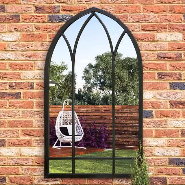 MirrorOutlet Arcus Modern Outdoor Arch Garden Wall Mirror in Black