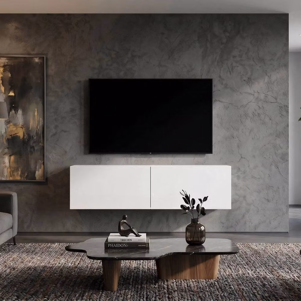 PAWNORA White Wall Mounted Floating TV Unit with 2 Cabinets, Width: 120 cm – 3