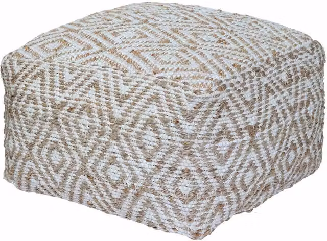Homescapes Sierra Natural Diamond Pattern Jute and Cotton Cube Bean Filled Pouffe, W/D/H: 60 x 60 x 60 cm, Beige/Grey/White
