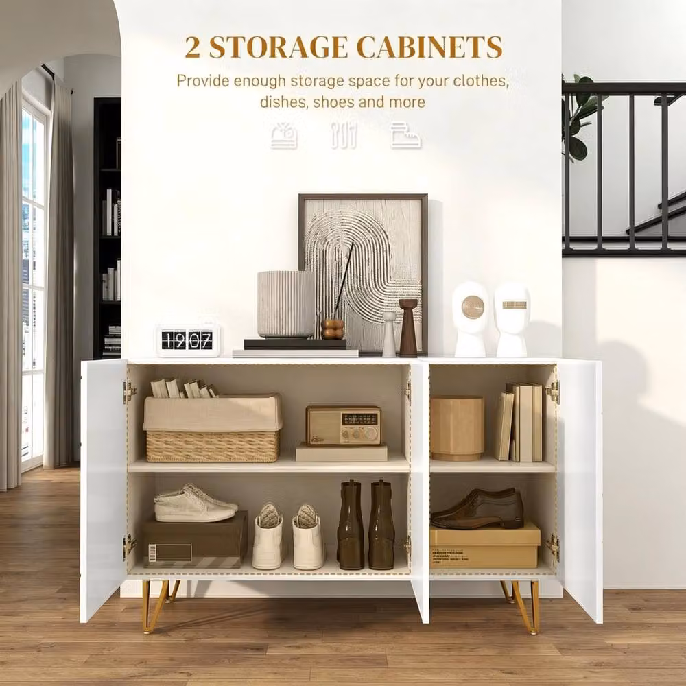 STILVORA Modern High Gloss Sideboard with Shelves in White and Gold, W/D/H: 120 x 40 x 75 cm – 2