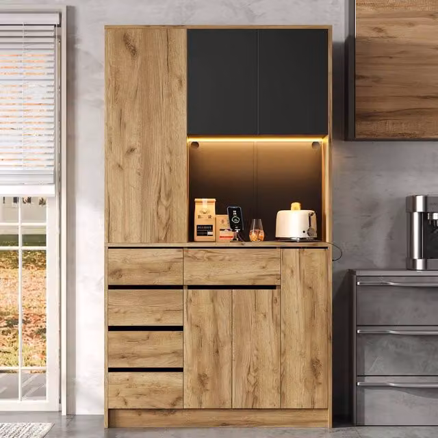 BTM Modern Brown Wood Kitchen Storage Cabinet with Pull Out Spice Rack, Integrated LED Lighting and Power Outlet