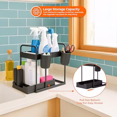 Innoteck 2-Tier Under Sink Organiser with 4 Hooks and 2 Cups, Black, H: 40 cm, L: 39 cm, D: 30 cm (Pack of 2) – 3