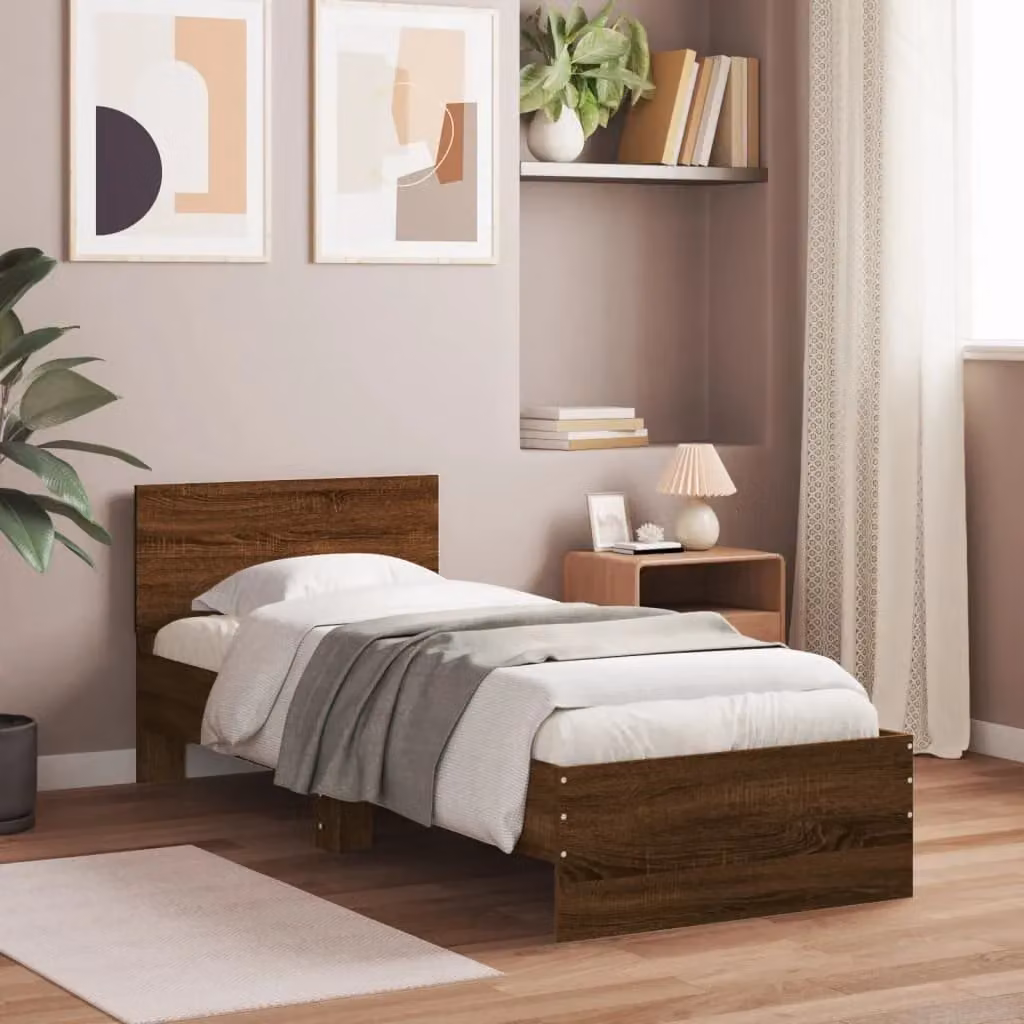 Berkfield Home Bed Frame with Headboard in Brown Oak, W/D/H: 90 x 200 cm – 2