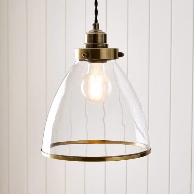 Pagazzi Brunswick Easy-Fit Vintage Dome Pendant Light in Gold and Antique Brass with Transparent Glass