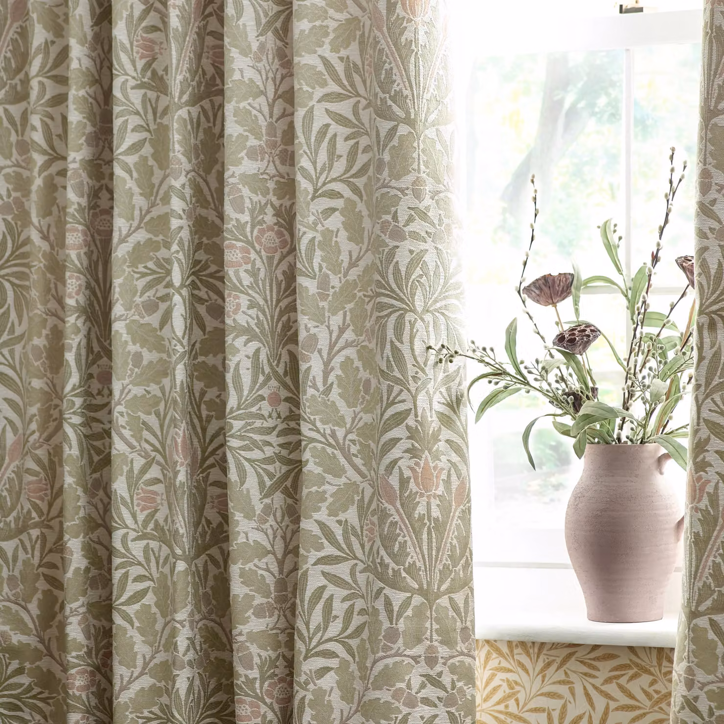 Morris & Co. Acorn Multi Floral Jacquard Chenille Pencil Pleat Curtains, Multicolour, Width: 168 cm, Drop: 183 cm – 3