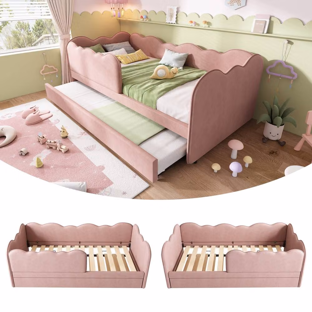 Rolipo Pink Velvet Daybed with Trundle, 3FT Single Upholstered Guest Bed, W/D/H: 90 x 190 x 70 cm – 3