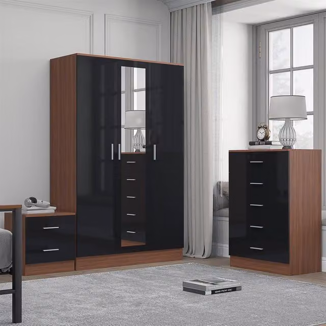REFLECT Bedroom Furniture Bundle including 3-Door Mirror Wardrobe, Chest of Drawers and Bedside Table in Black Gloss and Matt Walnut