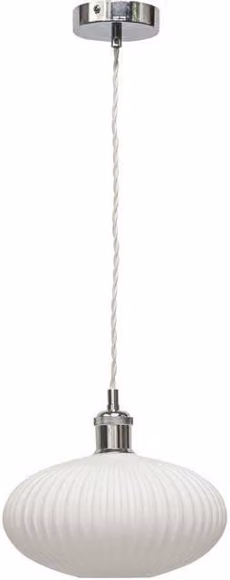 First Choice Lighting Baton Retro Pendant Fitting with White Ribbed Oval Glass and Chrome Finish