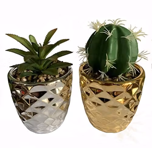 LeafUK Set of Two Geometric Ceramic Tabletop Planters with Artificial Succulent Plants in Gold and Silver