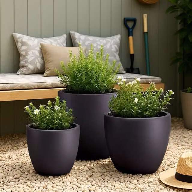 Idealist Set of 3 Round Outdoor Plant Pots in Black and Stone Finish