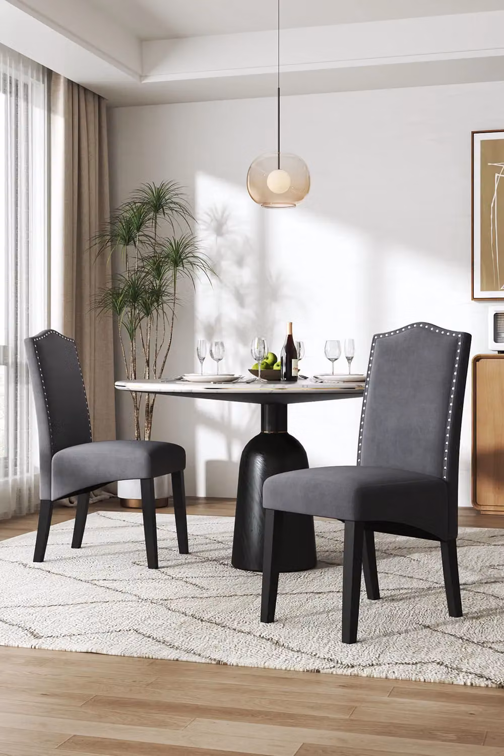 Living and Home Set of 2 Grey Velvet Upholstered High Back Dining and Dressing Chairs with Rivet Detailing – 3