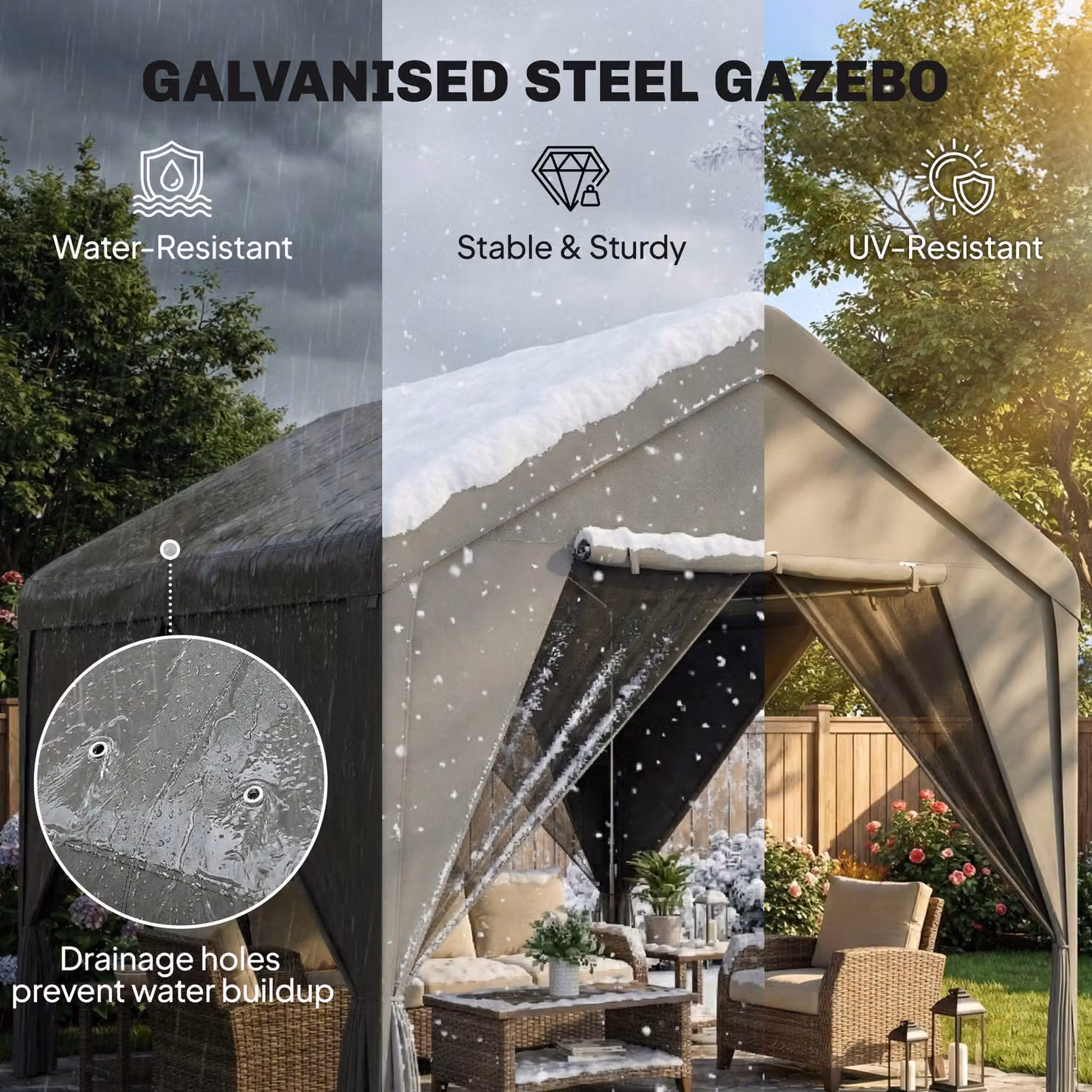 Outsunny Dark Grey Patio Gazebo with Netting, Curtains and Galvanised Steel Frame, W/D/H: 300 x 300 x 278 cm – 4