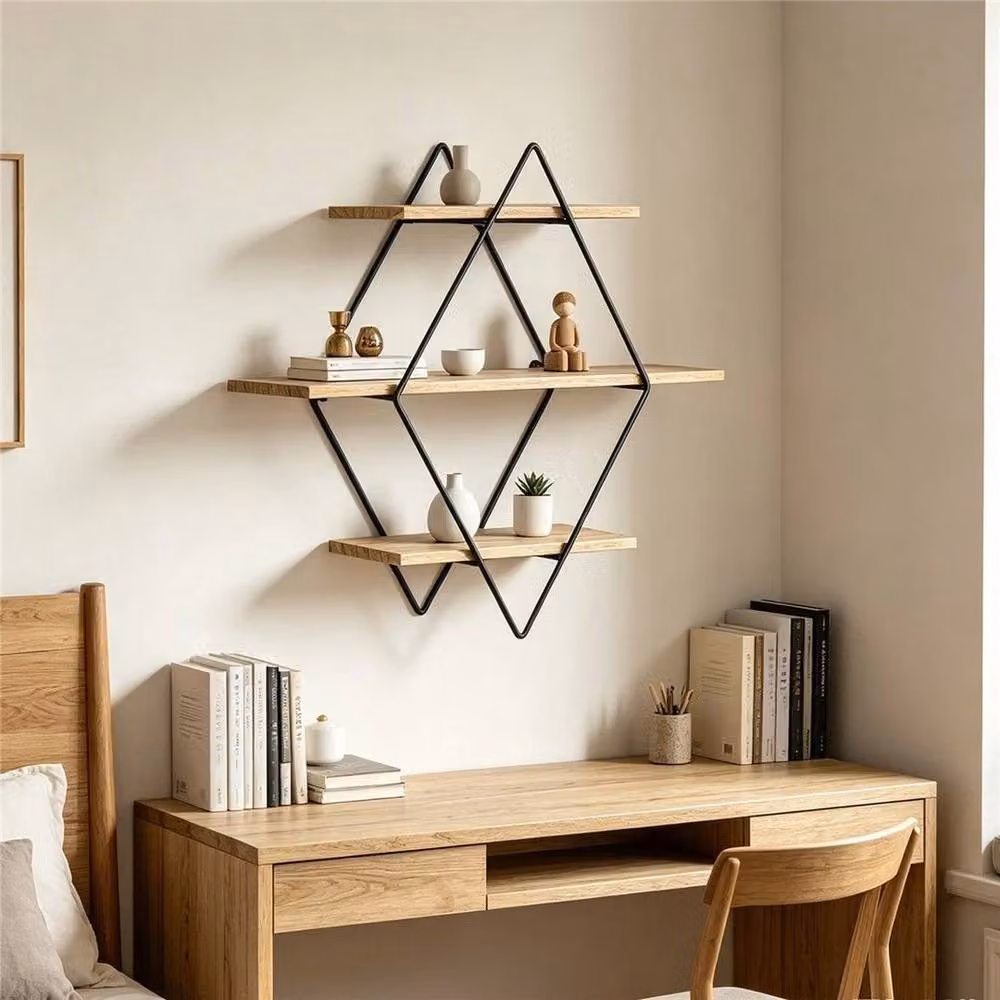KORVIXA Geometric Floating Shelves in Brown, Modern Wood and Metal Wall Mounted Decorative Rack Holder, W/H: 100 x 100 cm – 4