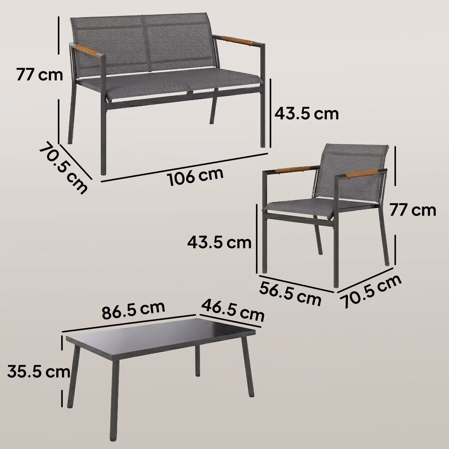 Outsunny 4 Seater Grey Metal Garden Furniture Set with Loveseat, Armchairs and Table – 3