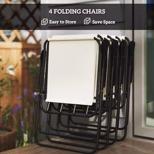 Outsunny 6 Piece Modern Garden Furniture Set with Round Glass Table and 6 Folding Chairs in White and Beige – 3