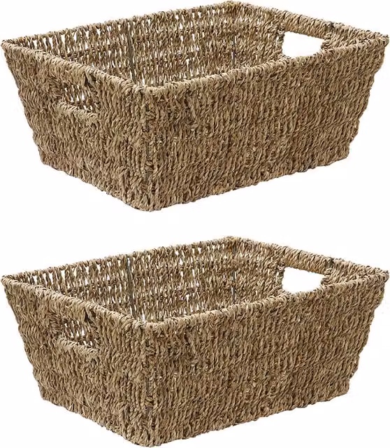 JVL Open Weave Seagrass Storage Basket, Orange, Pack of 2