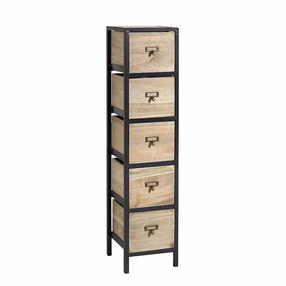 Home Source 5 Drawer Tall Storage Chest with Rustic Metal Legs in Natural Wood and Black – 5