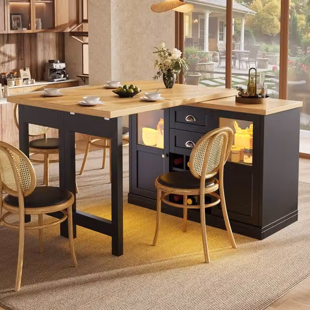 Merax Extendable Kitchen Island with Swivel Breakfast Bar and Wine Storage in Black, W: 120 cm, H: 73.5 cm – 1