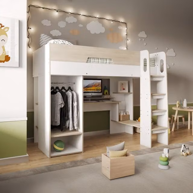 Flair Coco High Sleeper Workstation with Wardrobe and Stairs in White and Oak, Single Size