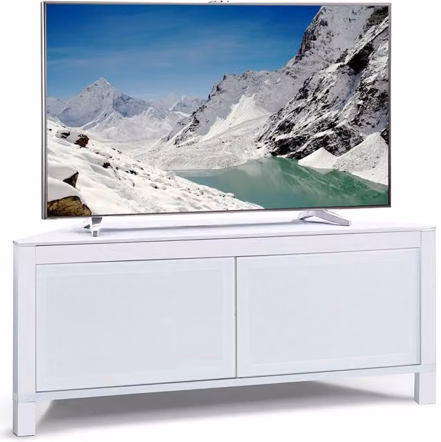 MDA Designs Volans Corner TV Cabinet in White and Black with Glass Details, W/D/H: 110 x 45 x 45 cm